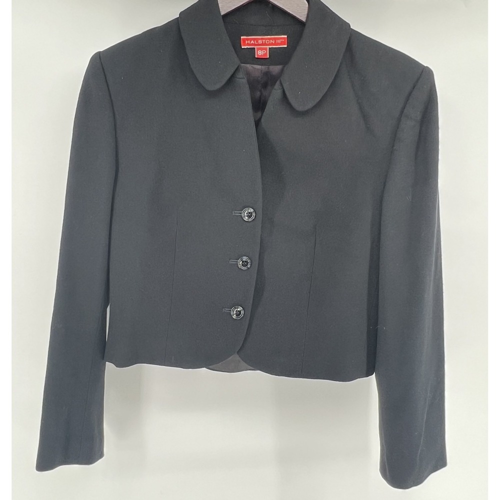 Halston III Black Cropped Blazer Jacket Peter Pan Collar Petite 8P Women